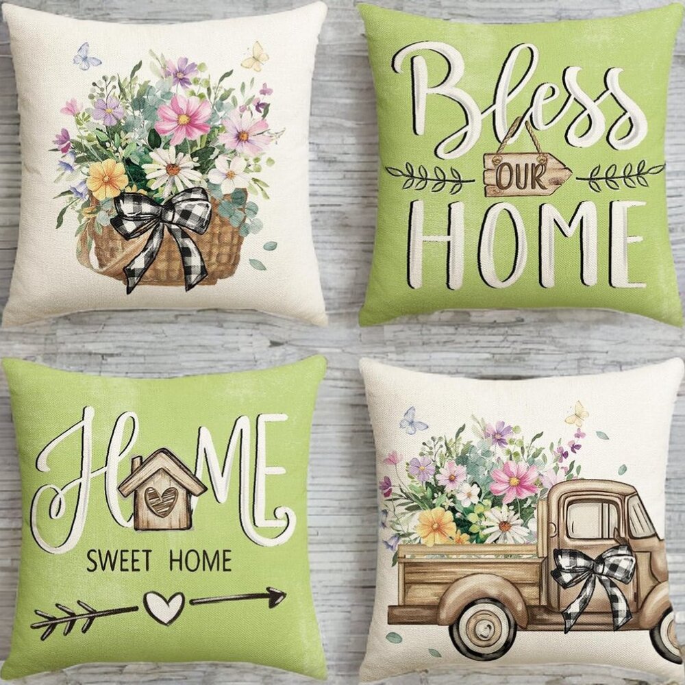 Floral Pillow Covers Decorative Throw Cases Cottage Farmhouse Decor Green 18x18